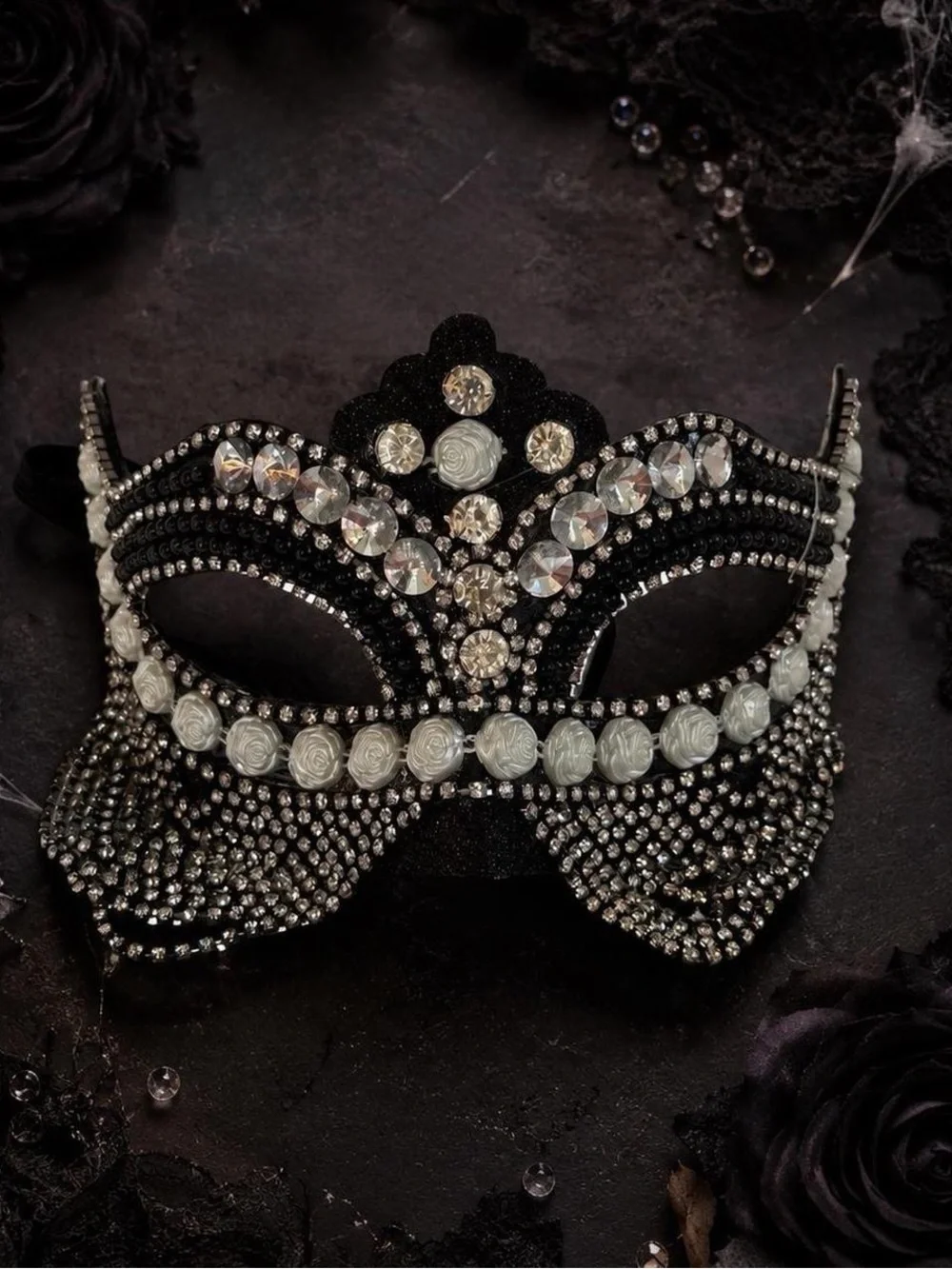 Black Rhinestone & White Rose Masquerade Mask Statement Costume Accessory